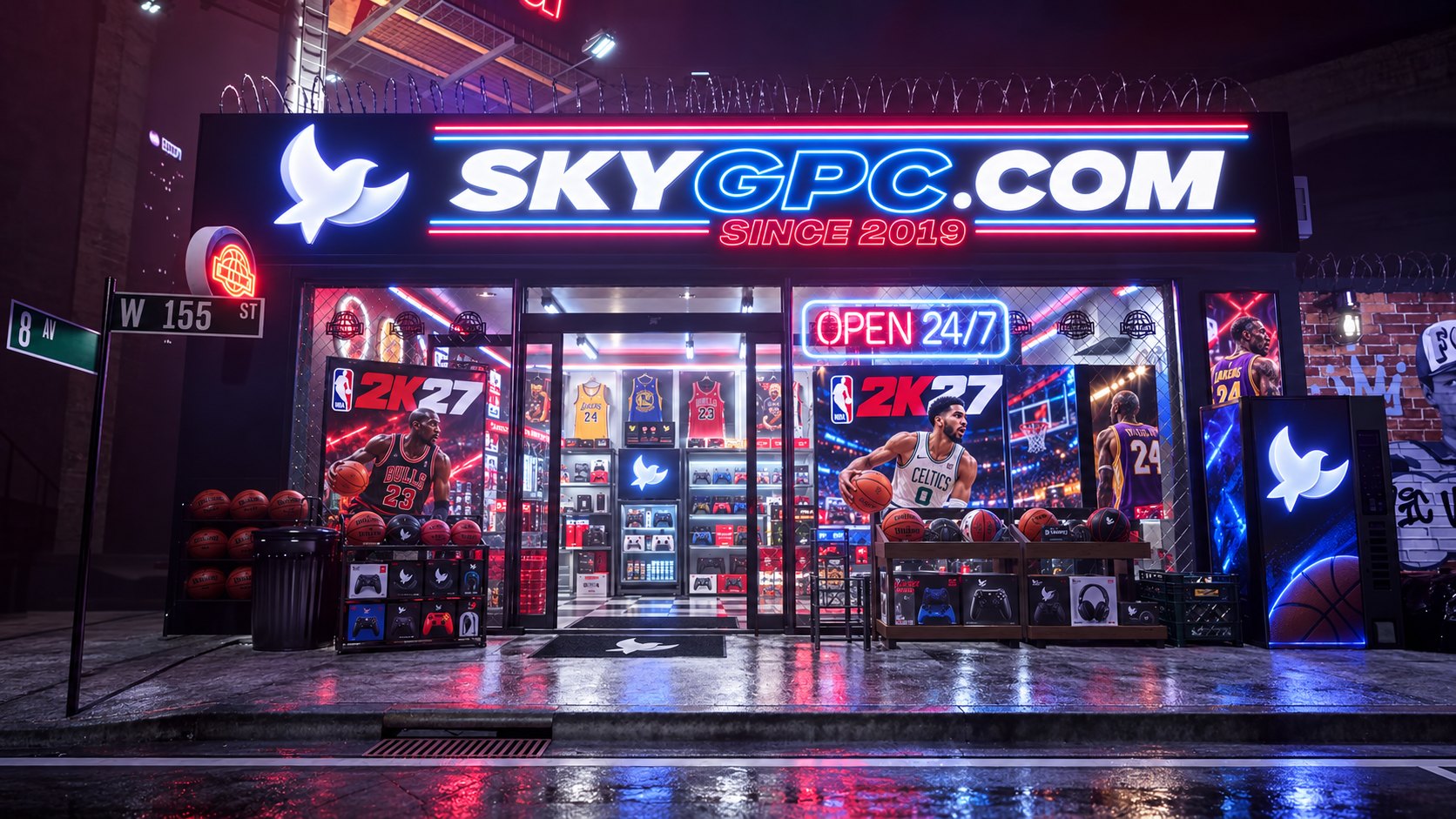 SkyGPC storefront at night